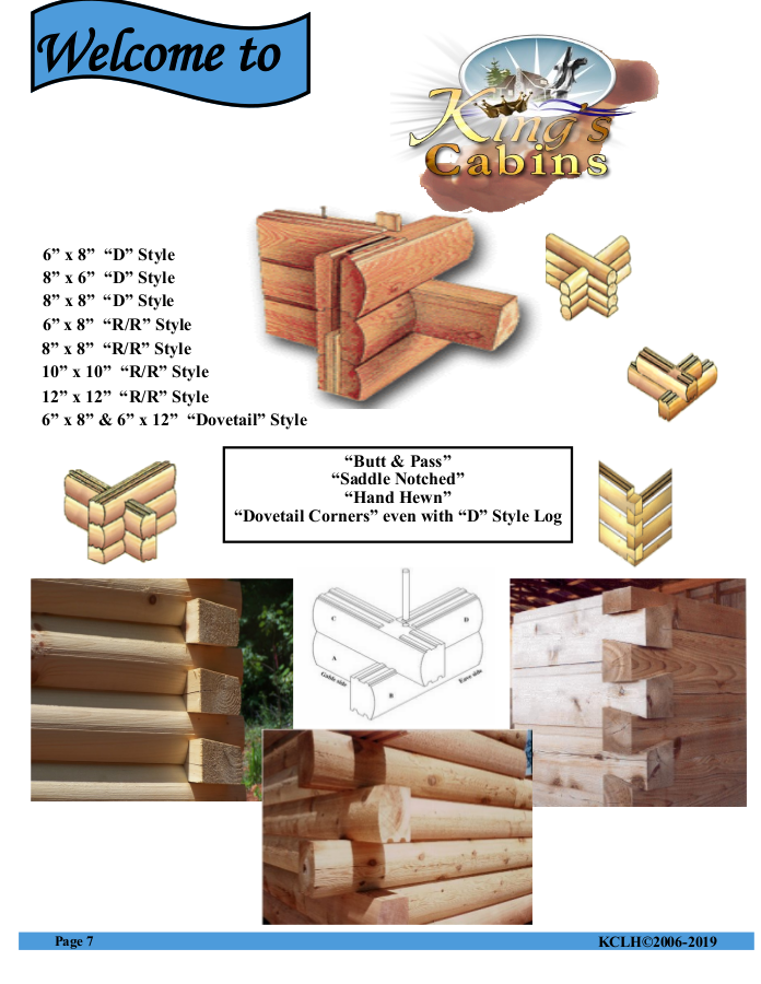 Kings Cabins log styles and sizes from page 7